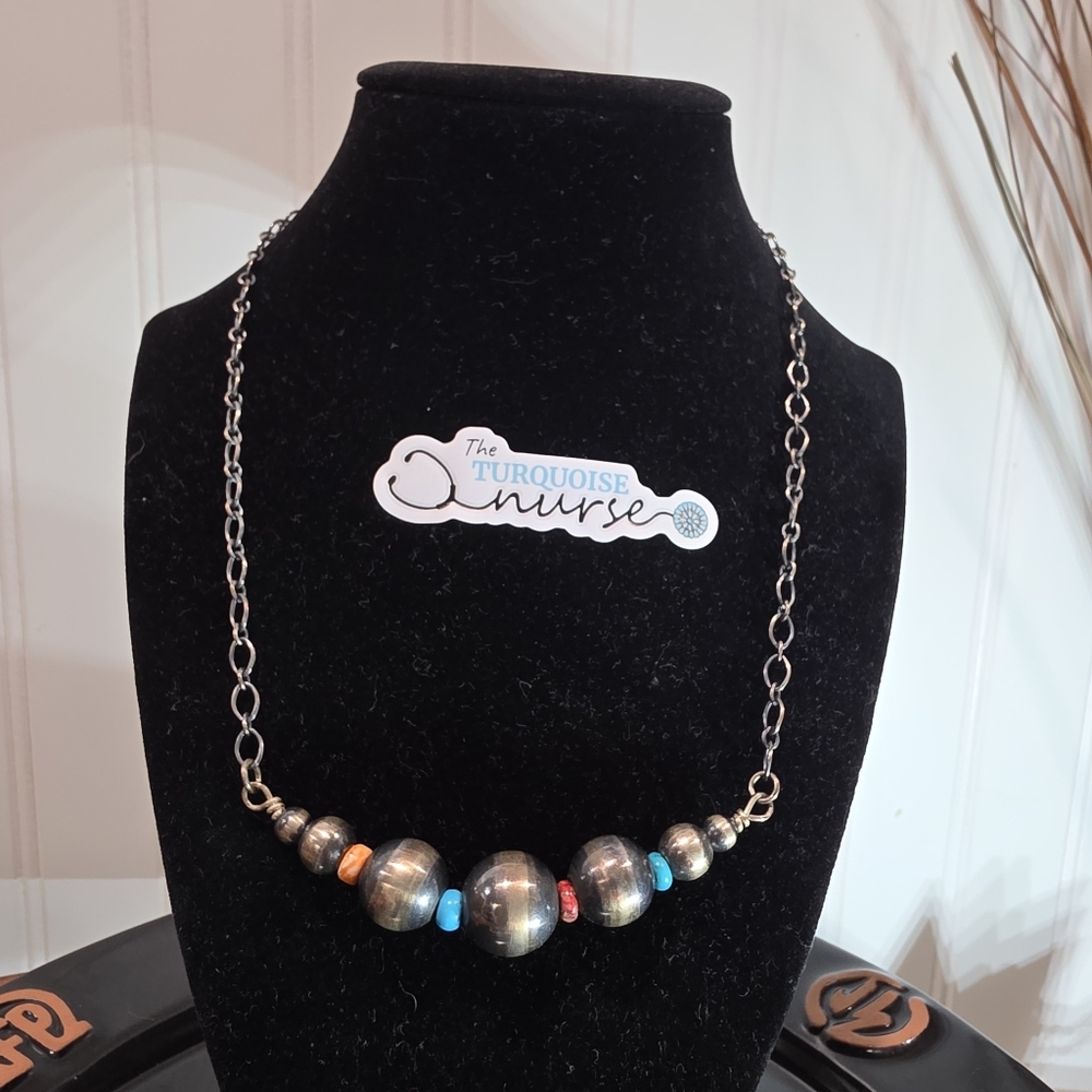 Silver Beaded Necklace with Turquoise and Coral Accents